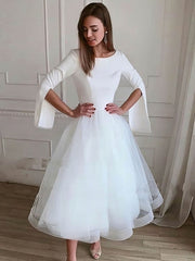 Elegant Tea-length Wedding Dress with Scoop Neck Tulle & Stretch Crepe