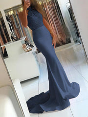 Elegant Trumpet/Mermaid High Neck Prom Dress with Beading and Sweep Train