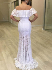 Elegant Trumpet/Mermaid Lace Off-the-Shoulder Wedding Dress with Sweep Train and Sashes/Ribbons