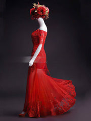 Elegant Trumpet/Mermaid Off-the-shoulder Tulle Wedding Dress With Appliques Lace