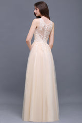 Elegant Tulle Lace Champagne Long Bridesmaid Dress With Appliques-Babyonlines