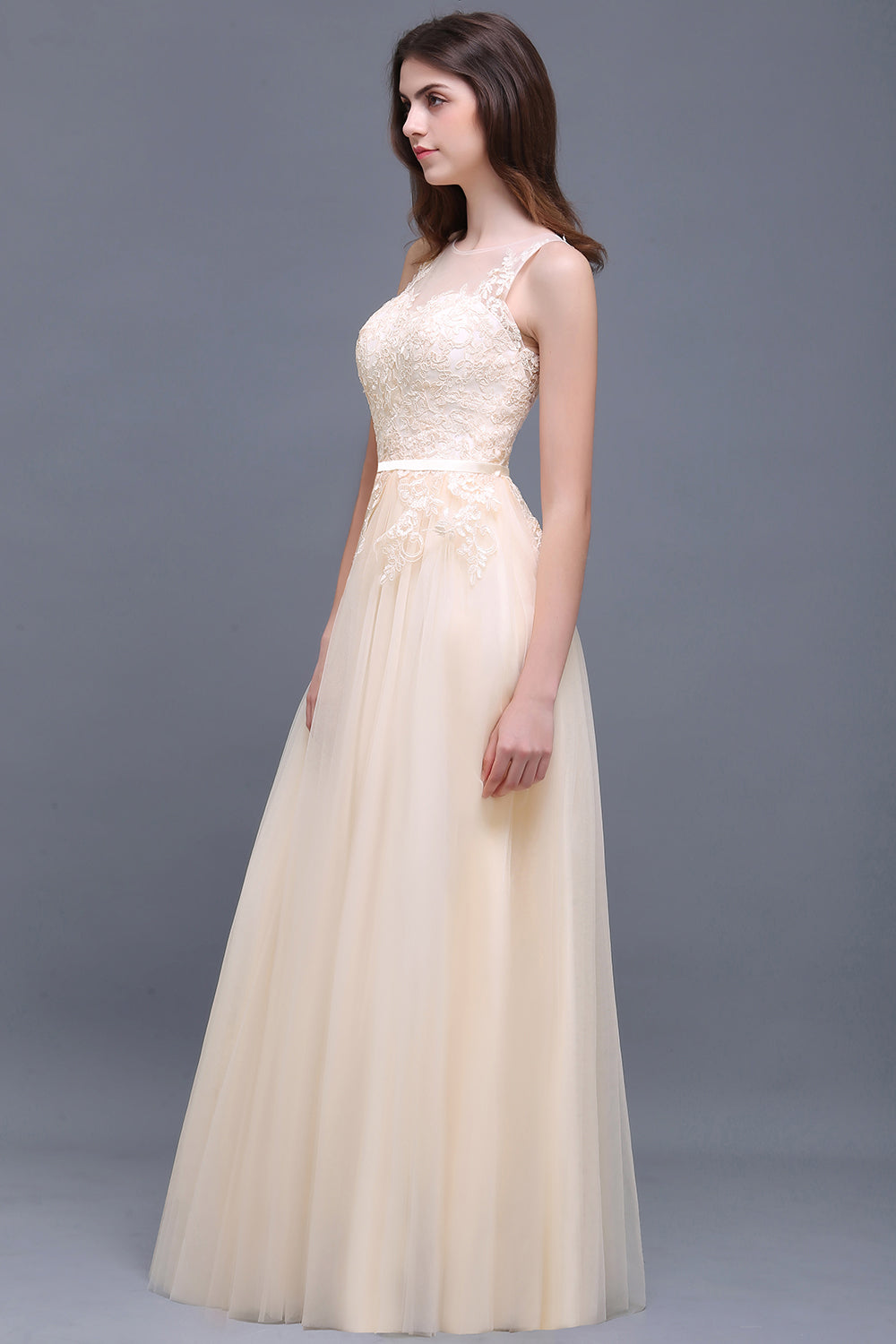 Elegant Tulle Lace Champagne Long Bridesmaid Dress With Appliques-Babyonlines