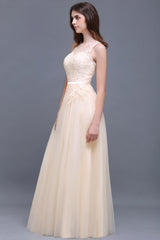 Elegant Tulle Lace Champagne Long Bridesmaid Dress With Appliques-Babyonlines