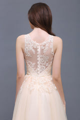 Elegant Tulle Lace Champagne Long Bridesmaid Dress With Appliques-Babyonlines