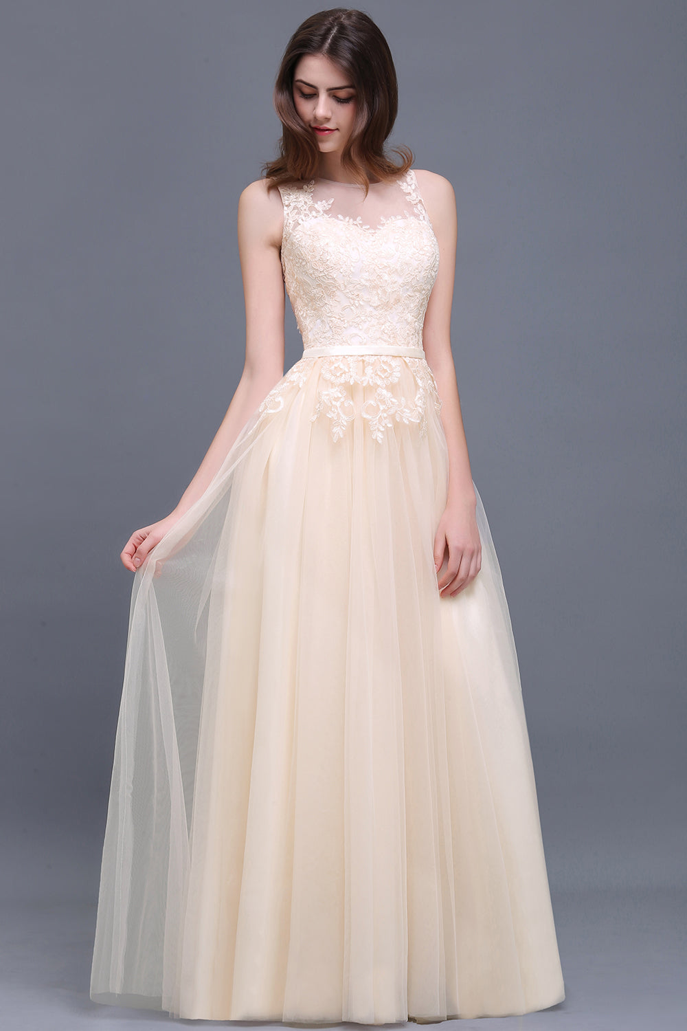 Elegant Tulle Lace Champagne Long Bridesmaid Dress With Appliques-Babyonlines