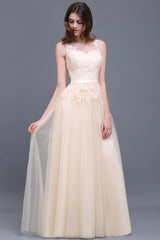 Elegant Tulle Lace Champagne Long Bridesmaid Dress With Appliques-Babyonlines