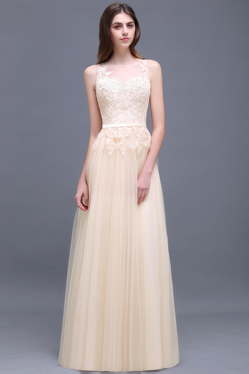 Elegant Tulle Lace Champagne Long Bridesmaid Dress With Appliques-Babyonlines
