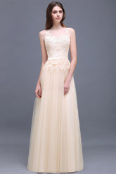 Elegant Tulle Lace Champagne Long Bridesmaid Dress With Appliques-Babyonlines