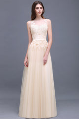 Elegant Tulle Lace Champagne Long Bridesmaid Dress With Appliques-Babyonlines