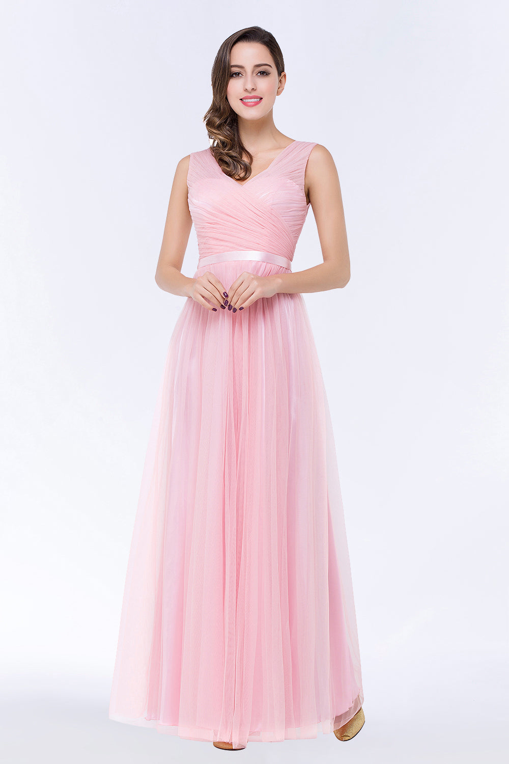 Elegant Tulle V-Neck Sleeveless Ruffle Long Bridesmaid Dress with Sash-Babyonlines
