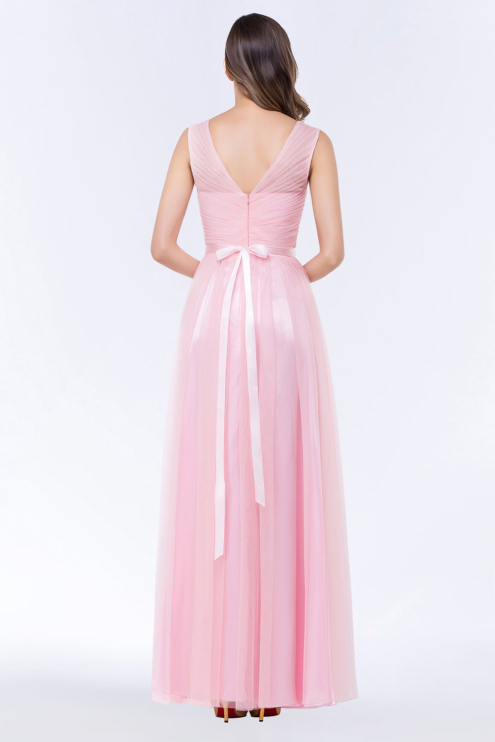 Elegant Tulle V-Neck Sleeveless Ruffle Long Bridesmaid Dress with Sash-Babyonlines