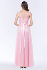 Elegant Tulle V-Neck Sleeveless Ruffle Long Bridesmaid Dress with Sash-Babyonlines