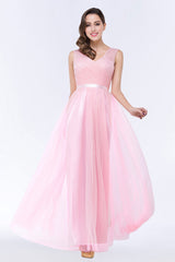 Elegant Tulle V-Neck Sleeveless Ruffle Long Bridesmaid Dress with Sash-Babyonlines