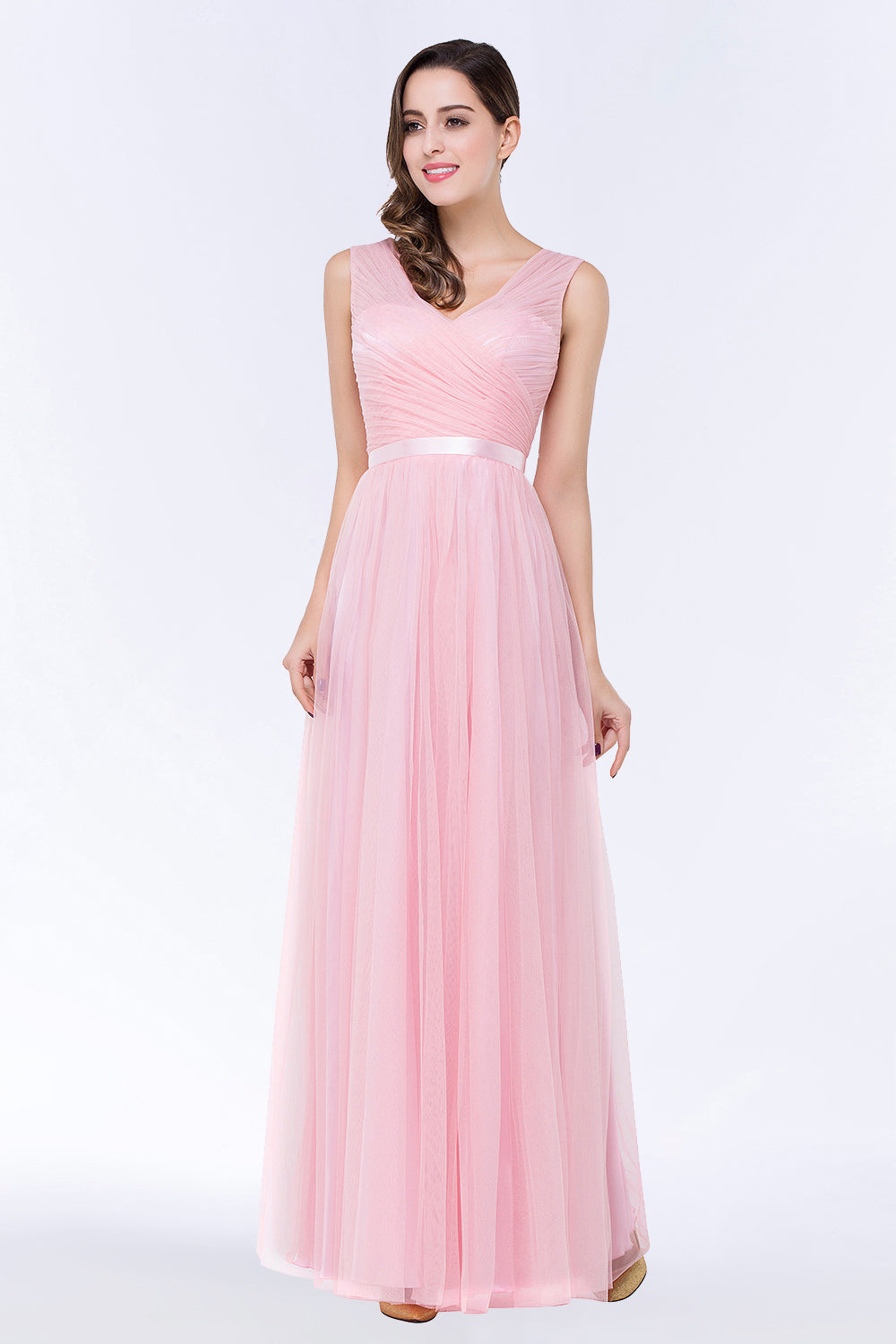 Elegant Tulle V-Neck Sleeveless Ruffle Long Bridesmaid Dress with Sash-Babyonlines