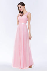 Elegant Tulle V-Neck Sleeveless Ruffle Long Bridesmaid Dress with Sash-Babyonlines