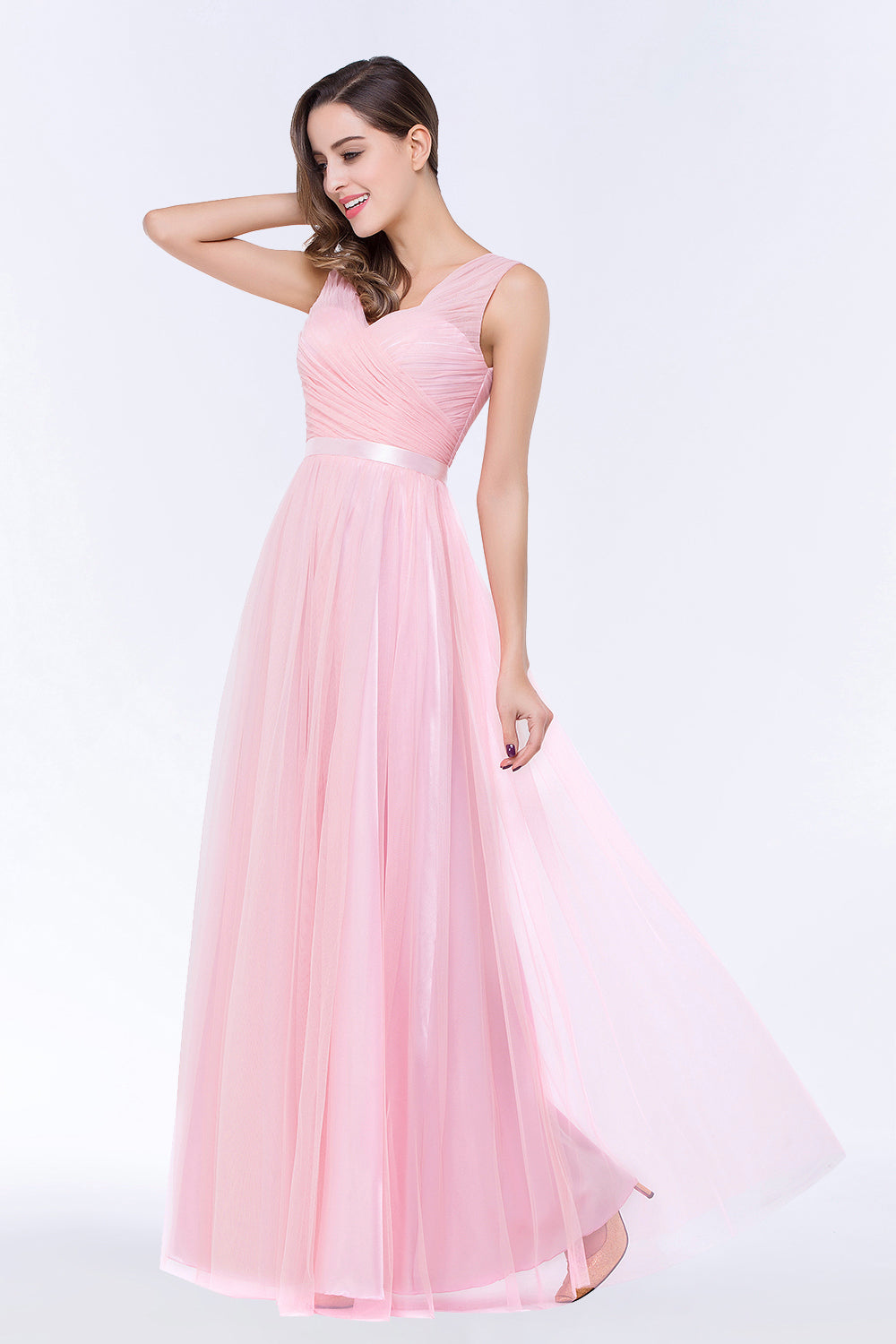 Elegant Tulle V-Neck Sleeveless Ruffle Long Bridesmaid Dress with Sash-Babyonlines