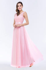 Elegant Tulle V-Neck Sleeveless Ruffle Long Bridesmaid Dress with Sash-Babyonlines