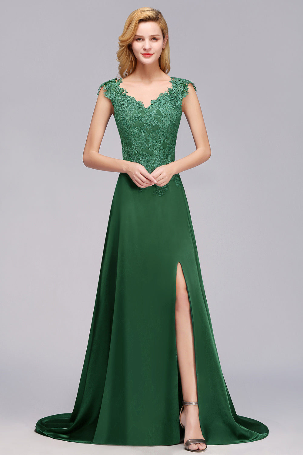 Elegant V-Neck Dark Green Lace Bridesmaid Dresses with Front-Slit-Babyonlines