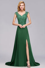 Elegant V-Neck Dark Green Lace Bridesmaid Dresses with Front-Slit-Babyonlines