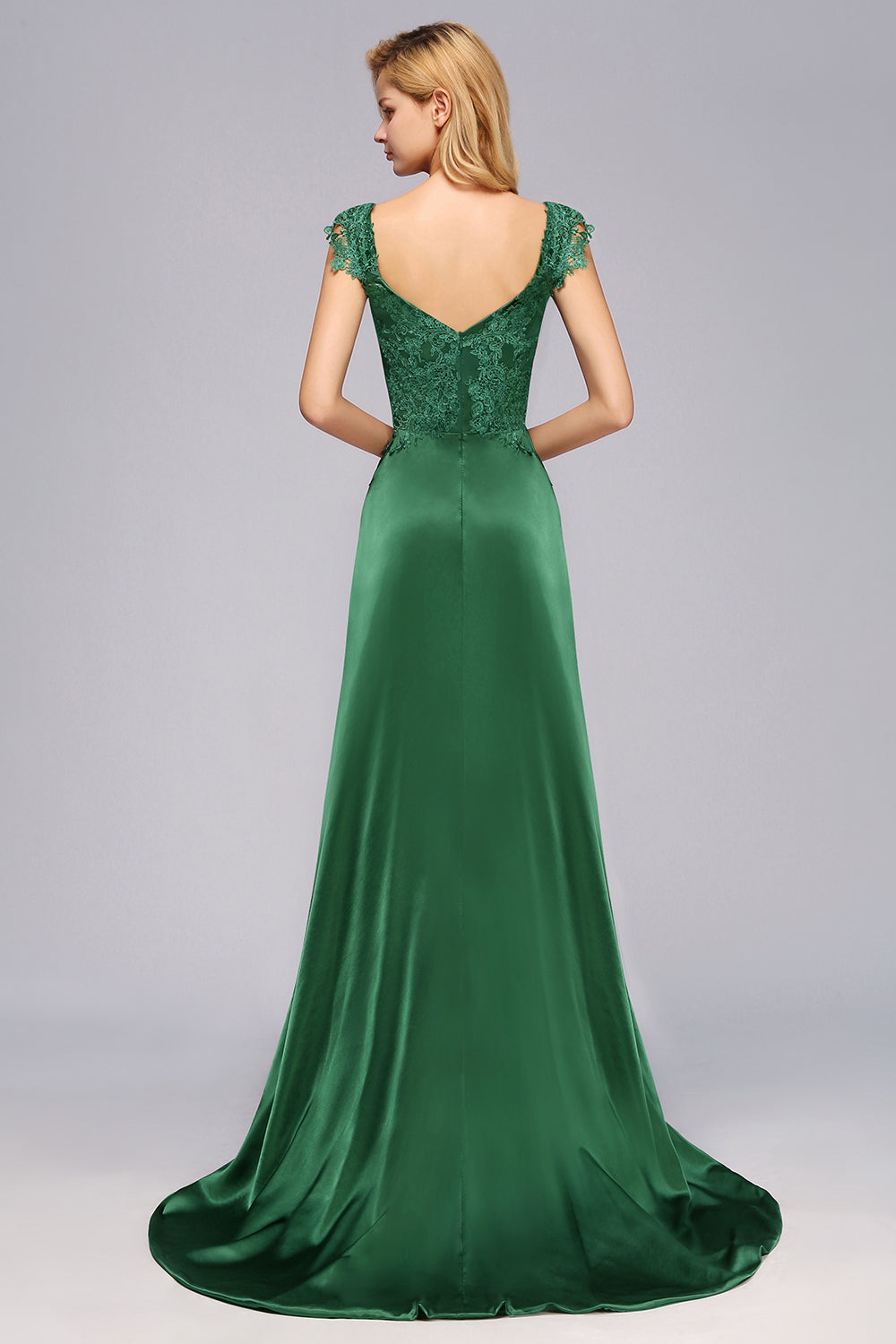Elegant V-Neck Dark Green Lace Bridesmaid Dresses with Front-Slit-Babyonlines