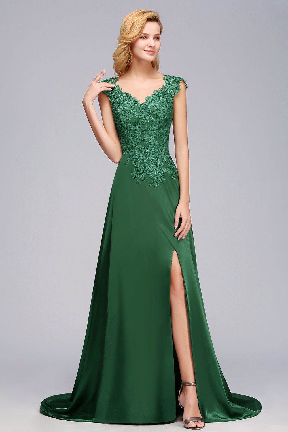Elegant V-Neck Dark Green Lace Bridesmaid Dresses with Front-Slit-Babyonlines