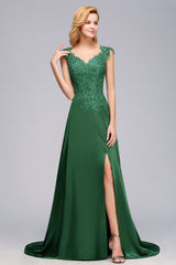 Elegant V-Neck Dark Green Lace Bridesmaid Dresses with Front-Slit-Babyonlines