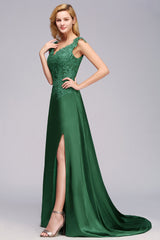 Elegant V-Neck Dark Green Lace Bridesmaid Dresses with Front-Slit-Babyonlines