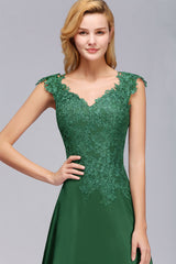 Elegant V-Neck Dark Green Lace Bridesmaid Dresses with Front-Slit-Babyonlines