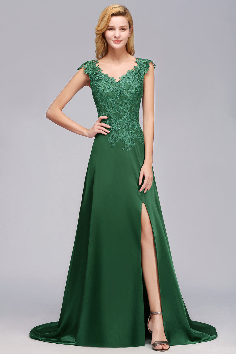 Elegant V-Neck Dark Green Lace Bridesmaid Dresses with Front-Slit-Babyonlines