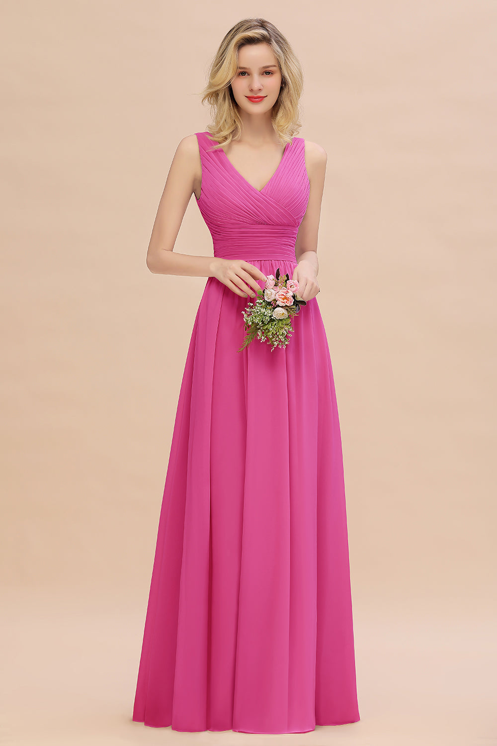 Elegant V-Neck Dusty Rose Chiffon Bridesmaid Dress with Ruffle-Babyonlines