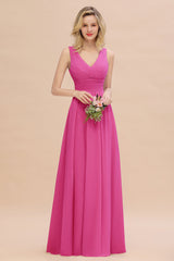 Elegant V-Neck Dusty Rose Chiffon Bridesmaid Dress with Ruffle-Babyonlines