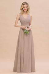 Elegant V-Neck Dusty Rose Chiffon Bridesmaid Dress with Ruffle-Babyonlines