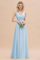 Elegant V-Neck Dusty Rose Chiffon Bridesmaid Dress with Ruffle-Babyonlines