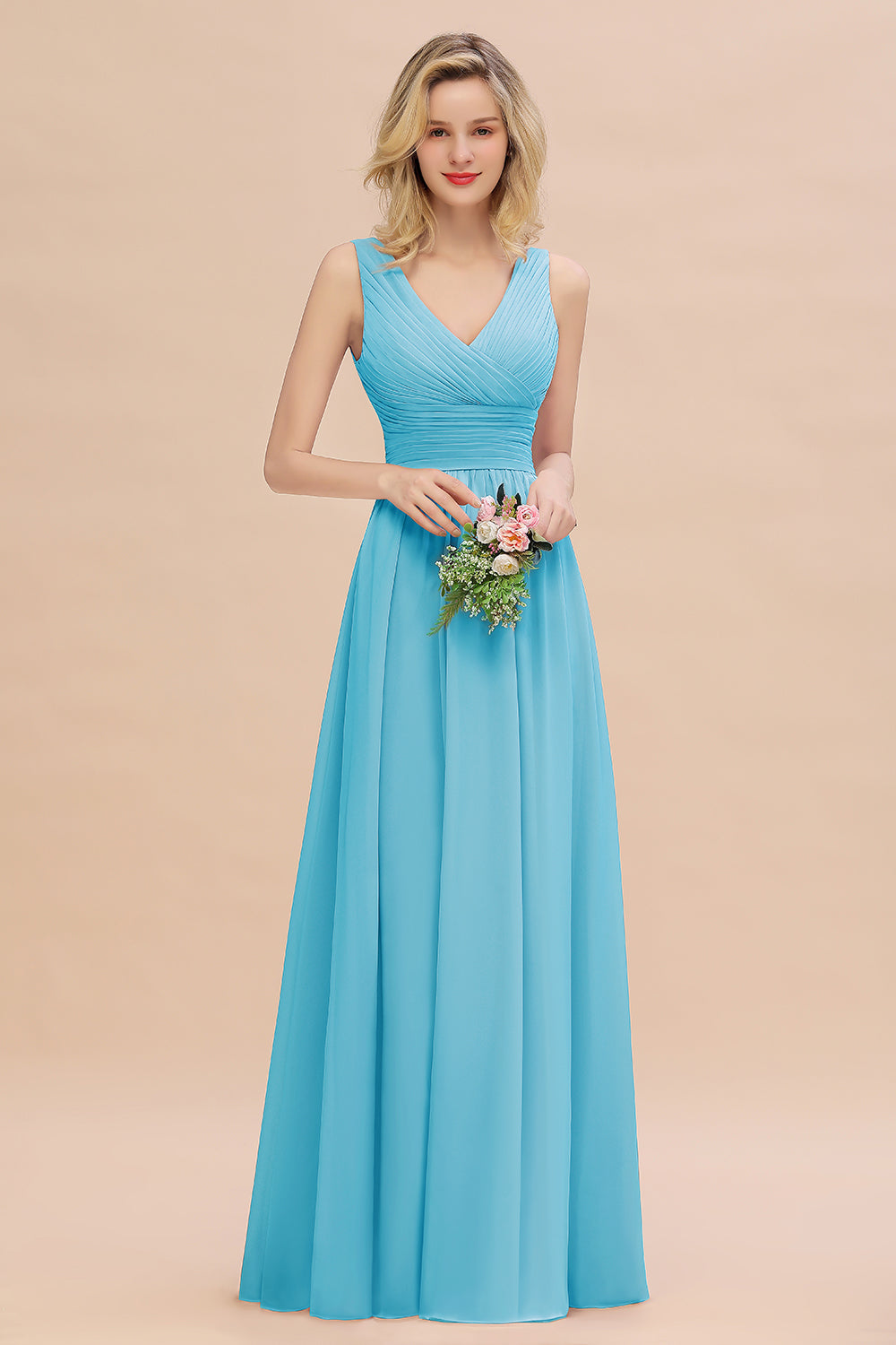 Elegant V-Neck Dusty Rose Chiffon Bridesmaid Dress with Ruffle-Babyonlines