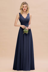 Elegant V-Neck Dusty Rose Chiffon Bridesmaid Dress with Ruffle-Babyonlines