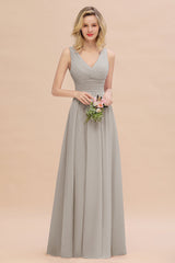 Elegant V-Neck Dusty Rose Chiffon Bridesmaid Dress with Ruffle-Babyonlines