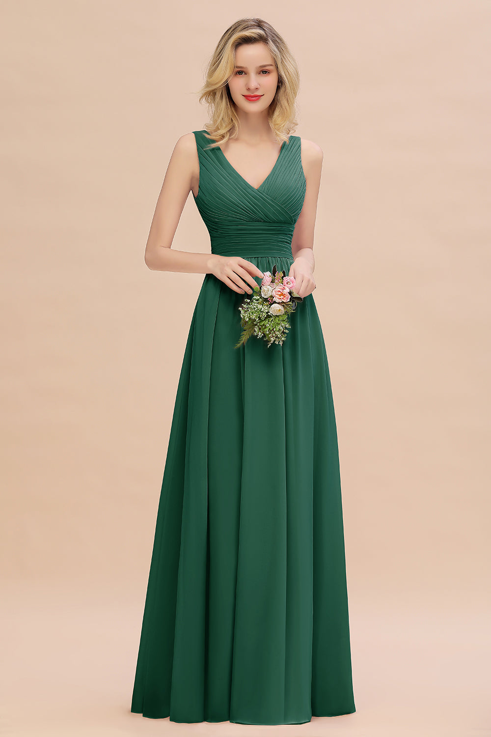 Elegant V-Neck Dusty Rose Chiffon Bridesmaid Dress with Ruffle-Babyonlines