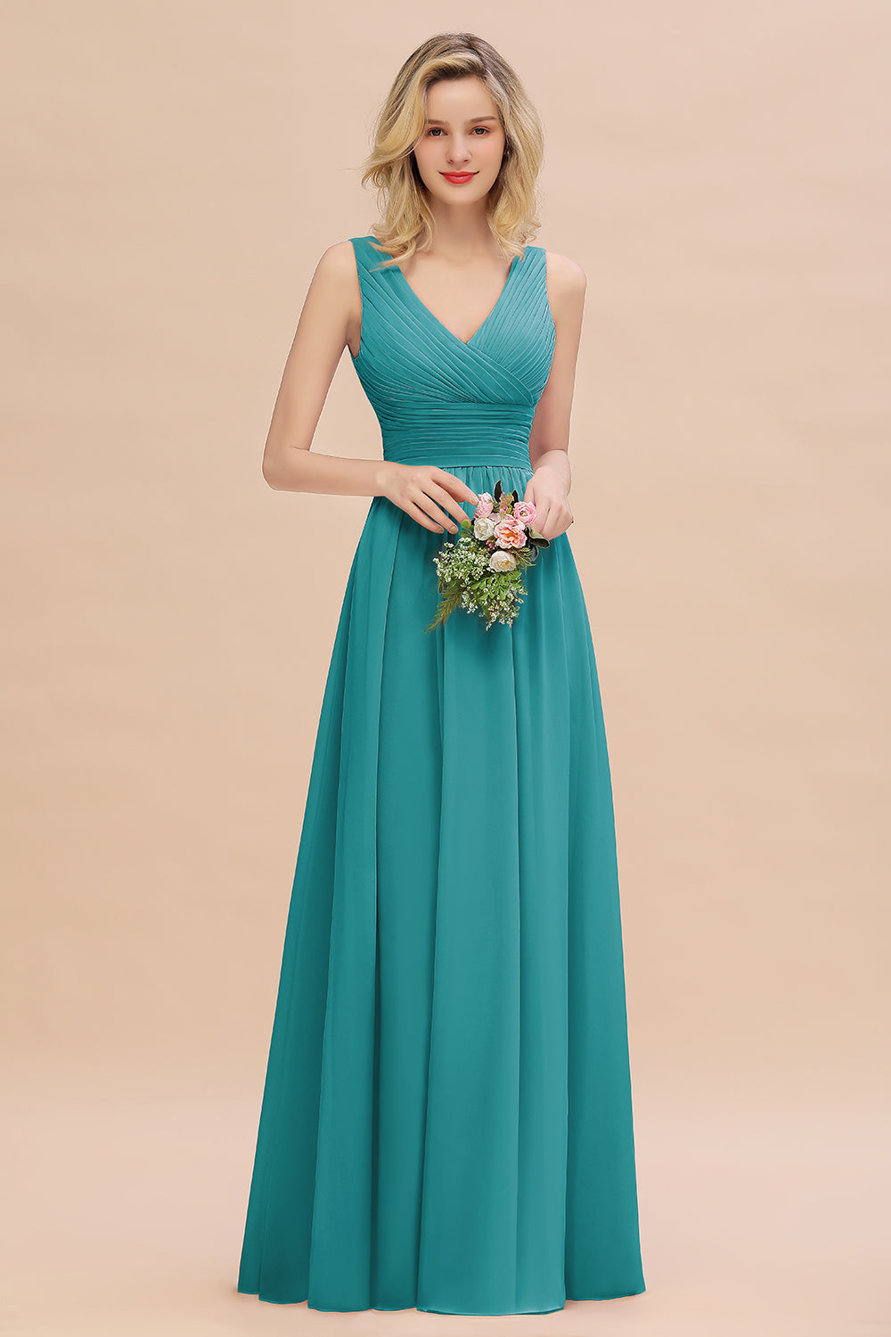 Elegant V-Neck Dusty Rose Chiffon Bridesmaid Dress with Ruffle-Babyonlines