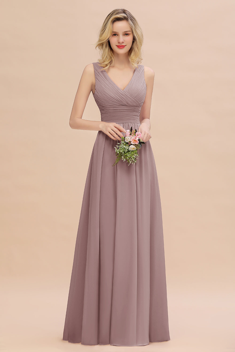 Elegant V-Neck Dusty Rose Chiffon Bridesmaid Dress with Ruffle-Babyonlines