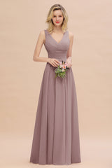 Elegant V-Neck Dusty Rose Chiffon Bridesmaid Dress with Ruffle-Babyonlines