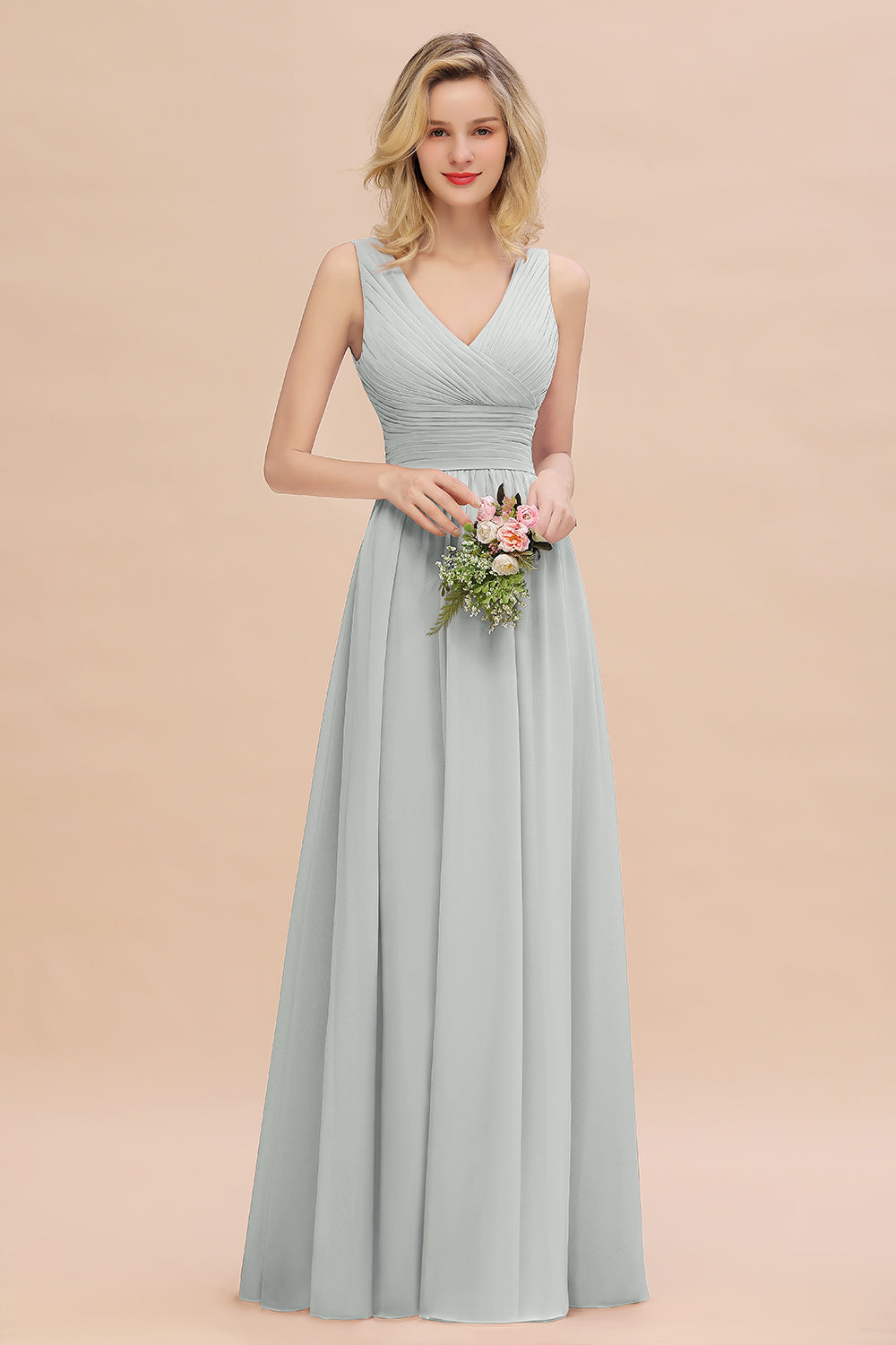 Elegant V-Neck Dusty Rose Chiffon Bridesmaid Dress with Ruffle-Babyonlines