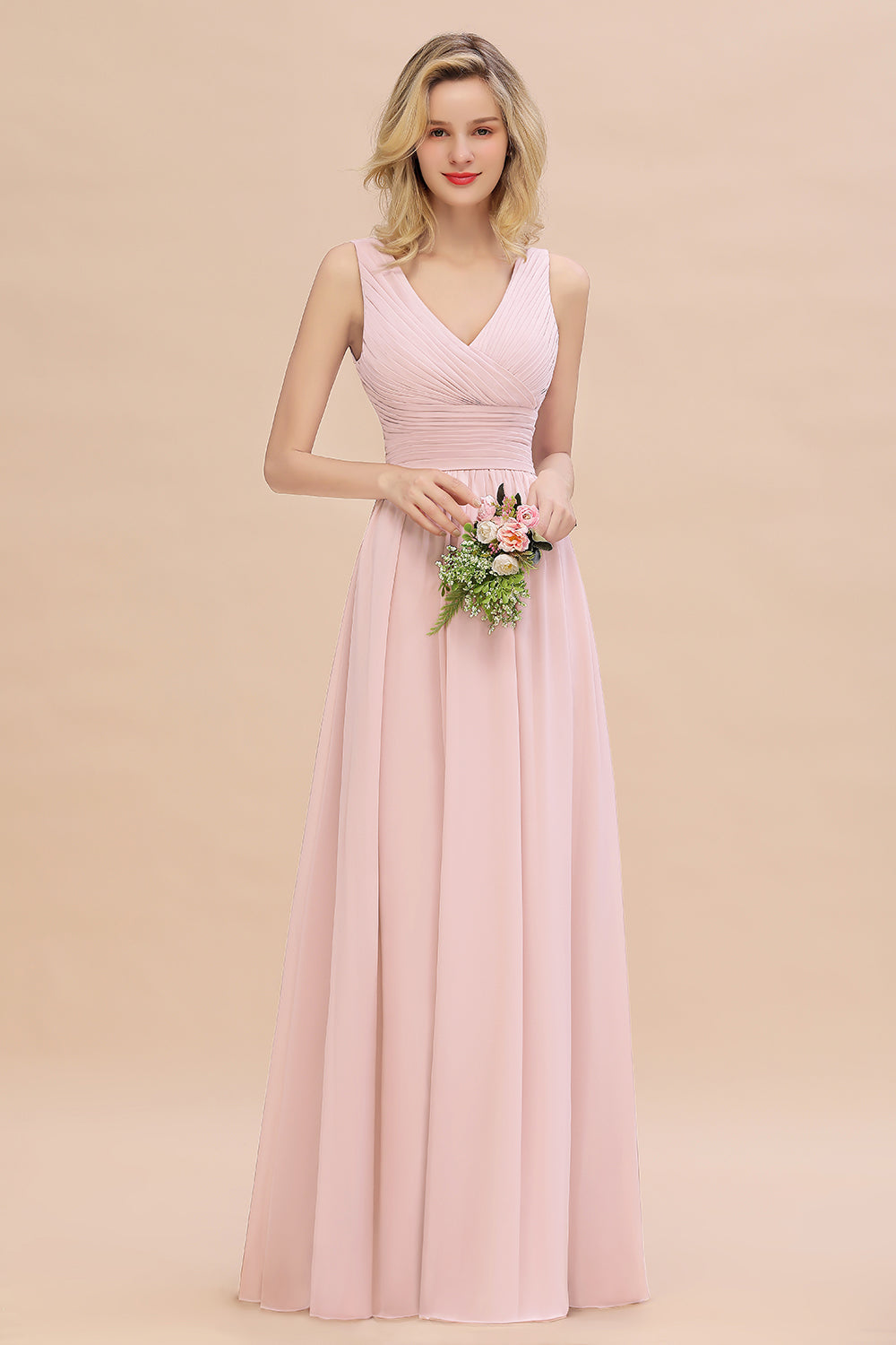 Elegant V-Neck Dusty Rose Chiffon Bridesmaid Dress with Ruffle-Babyonlines