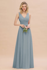 Elegant V-Neck Dusty Rose Chiffon Bridesmaid Dress with Ruffle-Babyonlines
