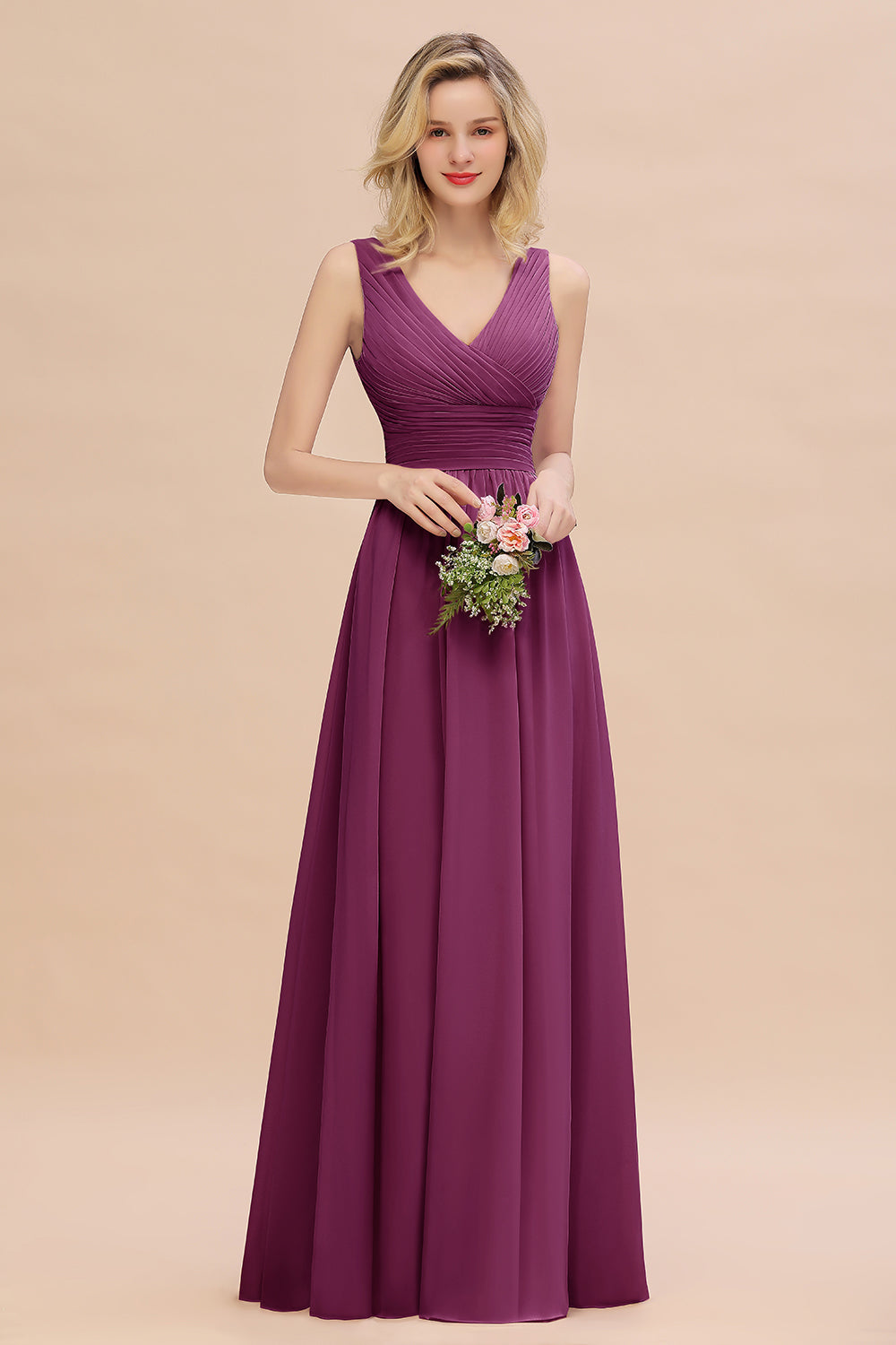 Elegant V-Neck Dusty Rose Chiffon Bridesmaid Dress with Ruffle-Babyonlines