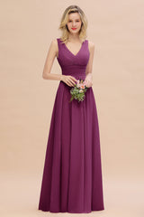 Elegant V-Neck Dusty Rose Chiffon Bridesmaid Dress with Ruffle-Babyonlines