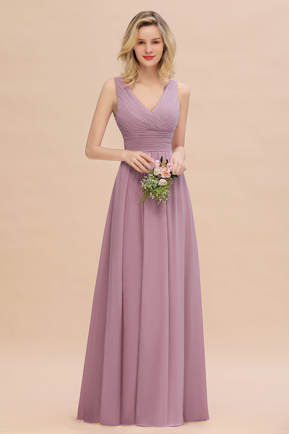 Elegant V-Neck Dusty Rose Chiffon Bridesmaid Dress with Ruffle-Babyonlines