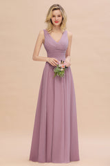 Elegant V-Neck Dusty Rose Chiffon Bridesmaid Dress with Ruffle-Babyonlines