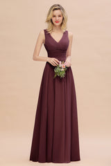 Elegant V-Neck Dusty Rose Chiffon Bridesmaid Dress with Ruffle-Babyonlines