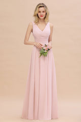 Elegant V-Neck Dusty Rose Chiffon Bridesmaid Dress with Ruffle-Babyonlines