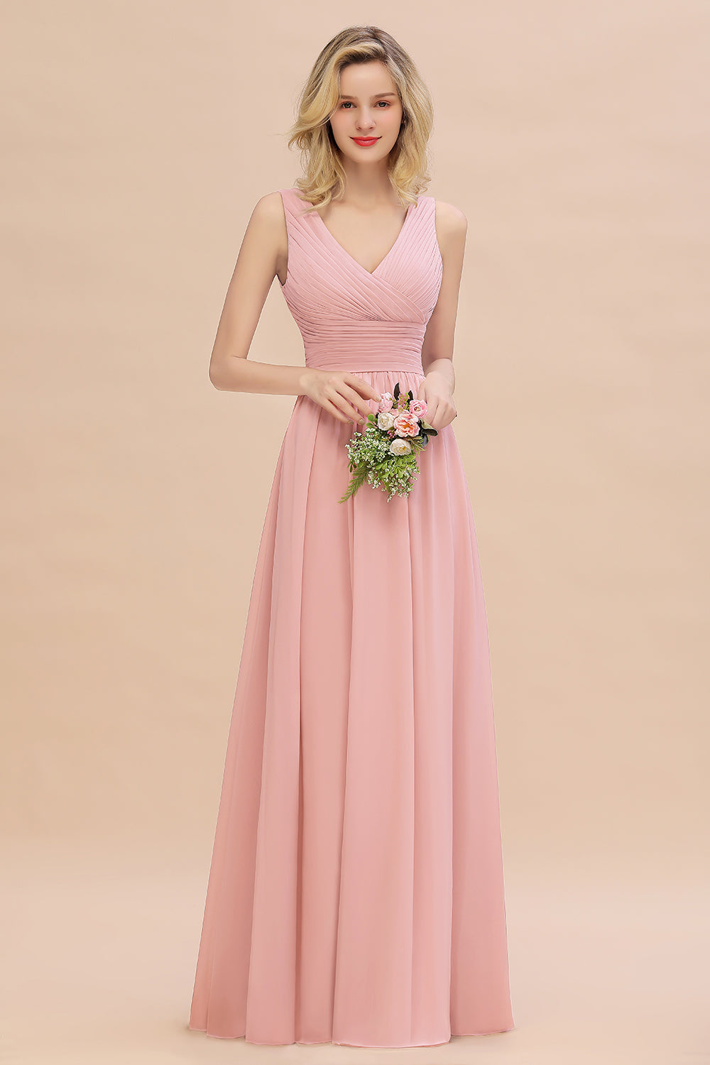 Elegant V-Neck Dusty Rose Chiffon Bridesmaid Dress with Ruffle-Babyonlines